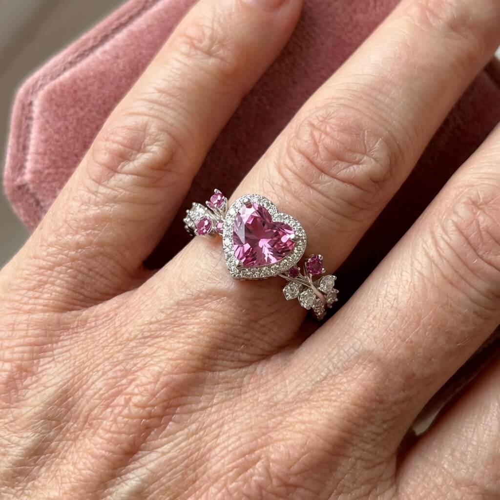 Silver-Plated Pink Heart Zirconia Ring