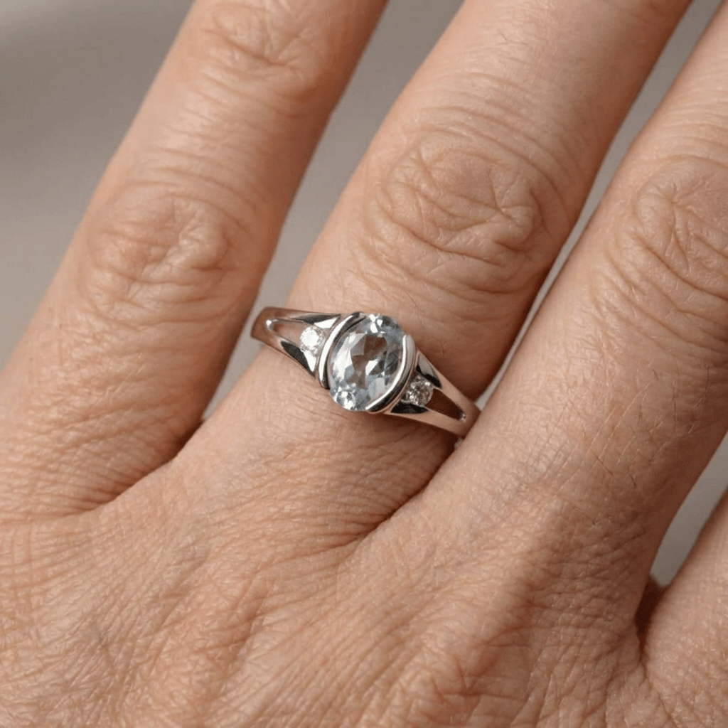 Silver-Plated Oval Light Blue Stone Ring