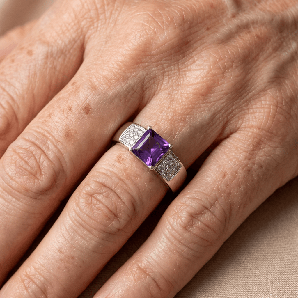 Retro vierkante zilverkleurige ring met paarse zirkonia