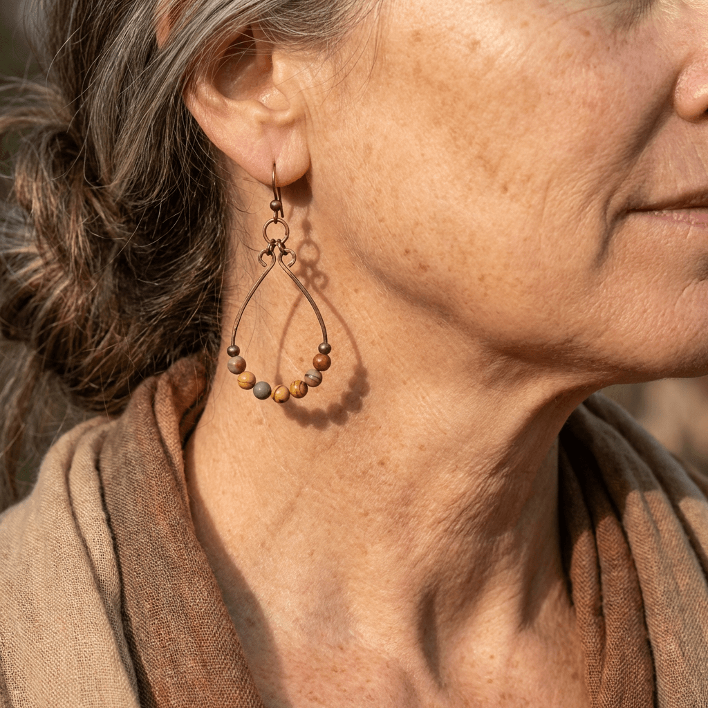 Bohemian Copper-Tone Teardrop Hoop Earrings with Beads