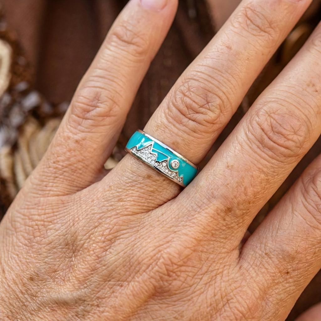 Bohemian Zirconia Inlaid Enamel Mountain and Sun Ring