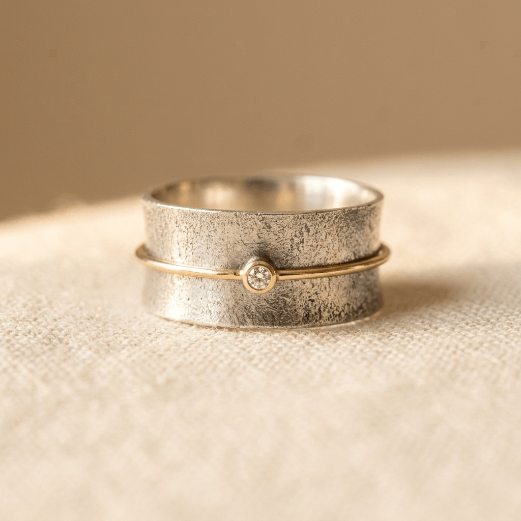 Minimalist Silver-Tone Band with Gold-Tone Diamond-Look Accent