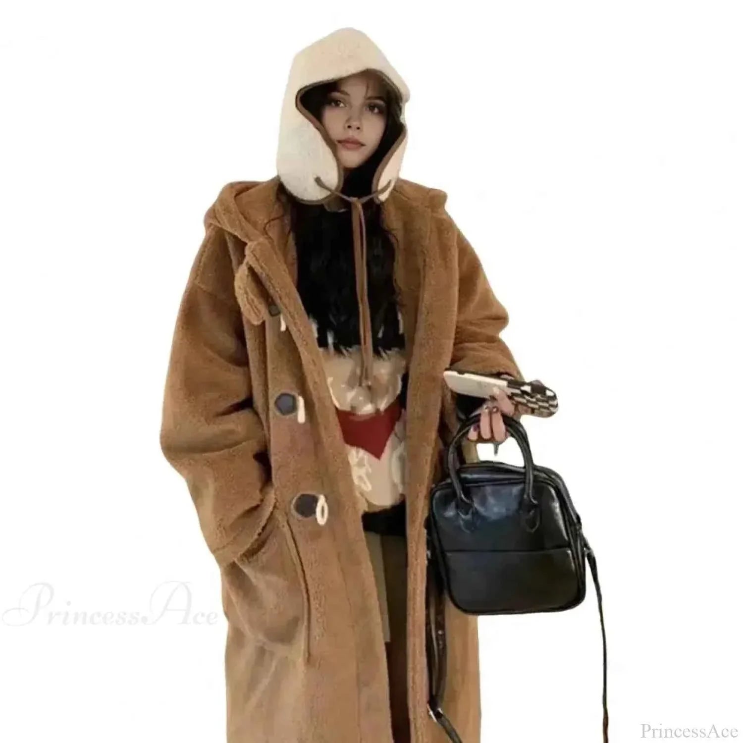Hooded Fleece Coat with Dropped Shoulders and Button Front