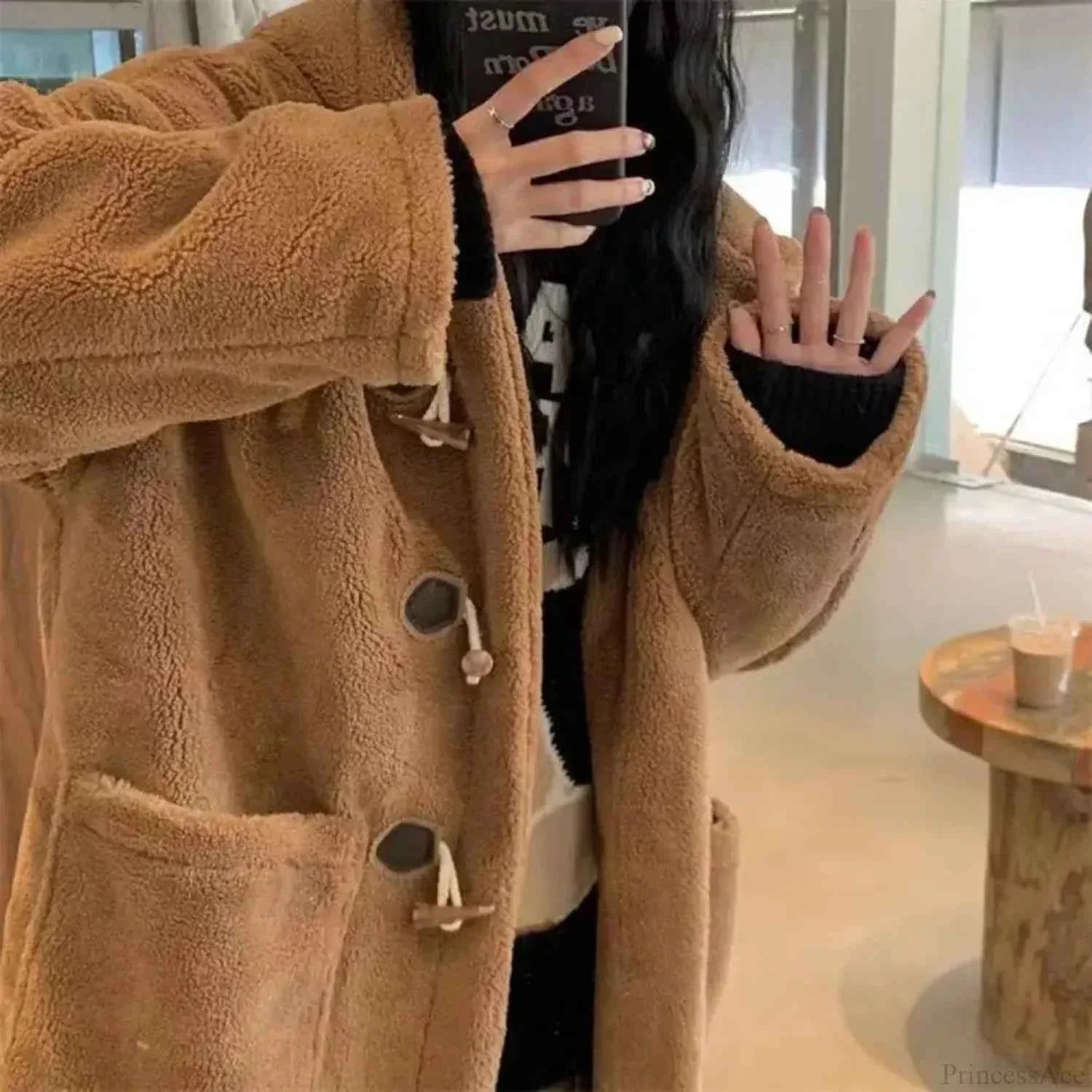 Hooded Fleece Coat with Dropped Shoulders and Button Front