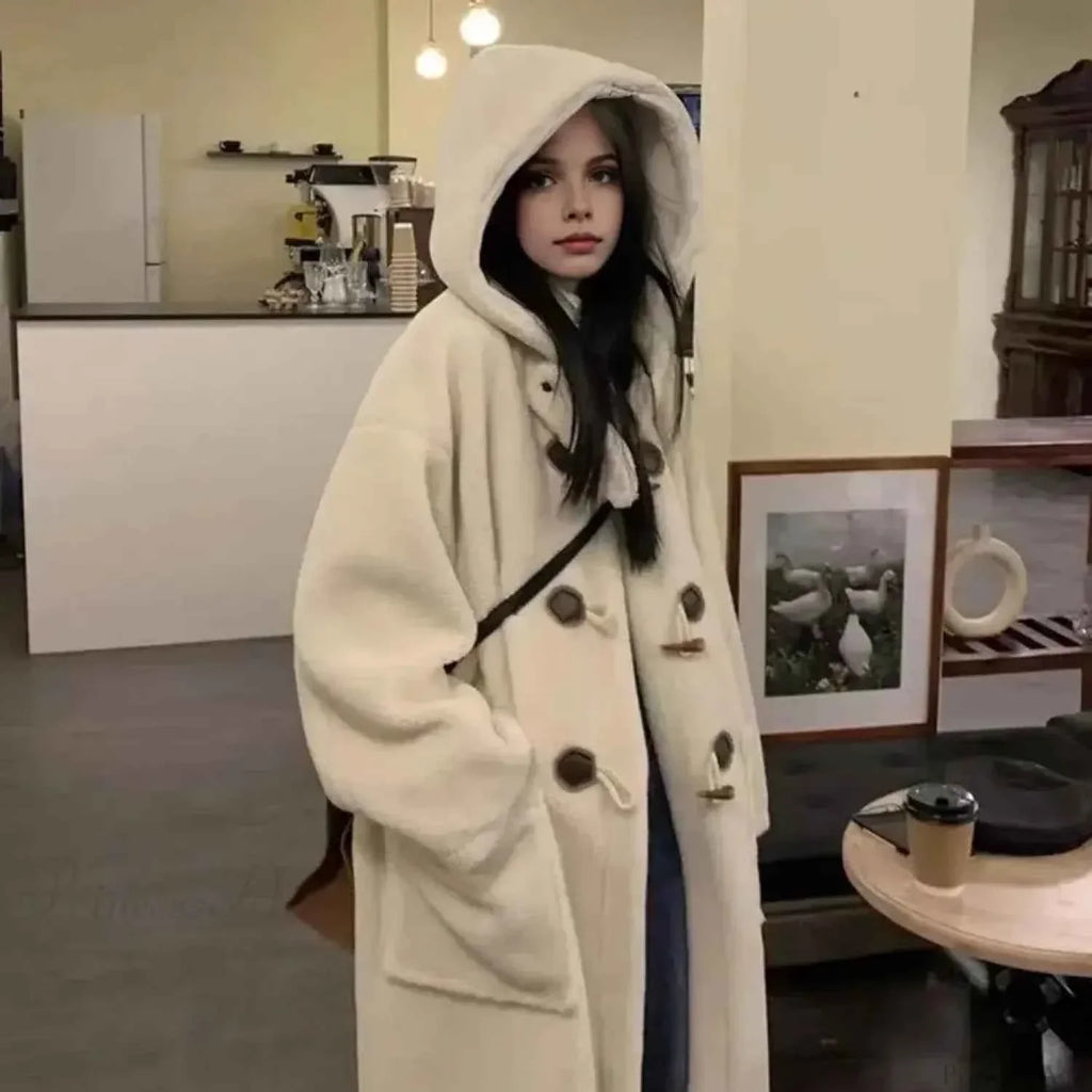 Hooded Fleece Coat with Dropped Shoulders and Button Front
