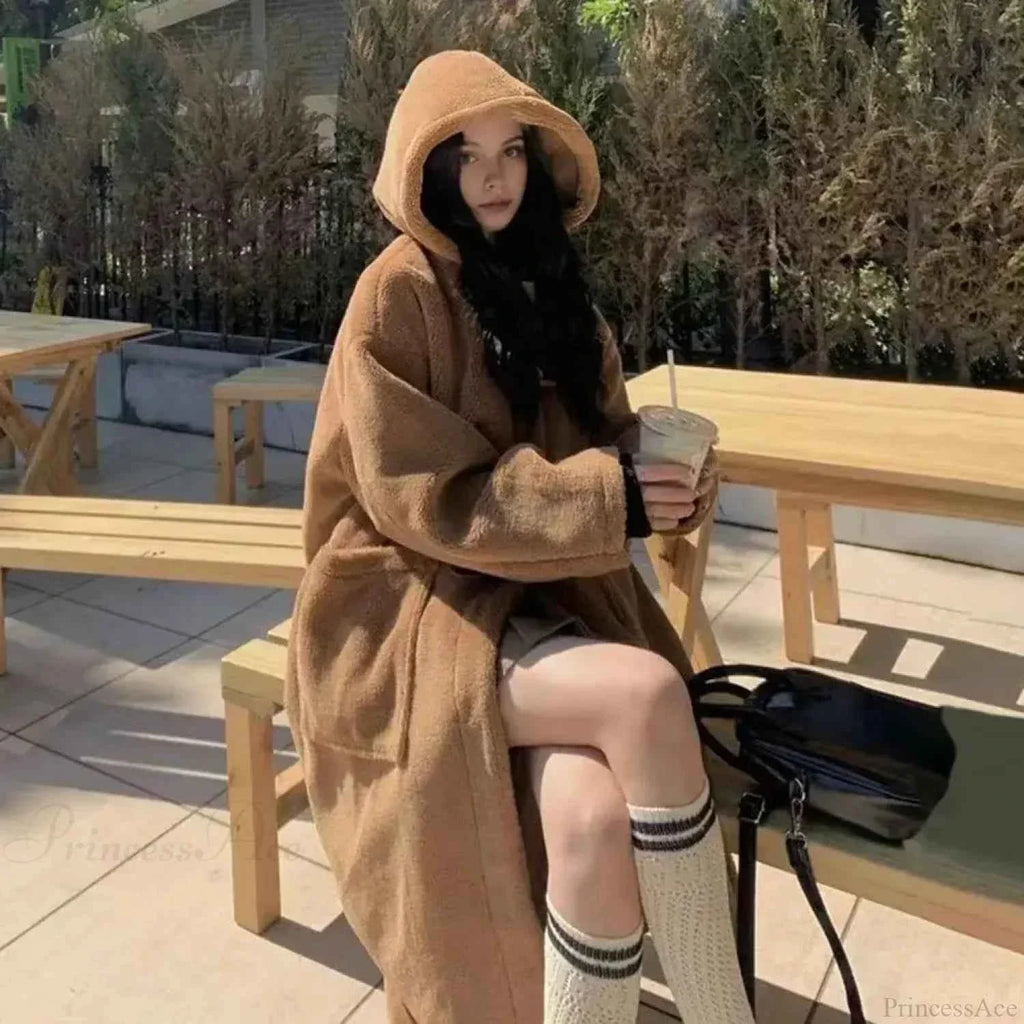 Hooded Fleece Coat with Dropped Shoulders and Button Front