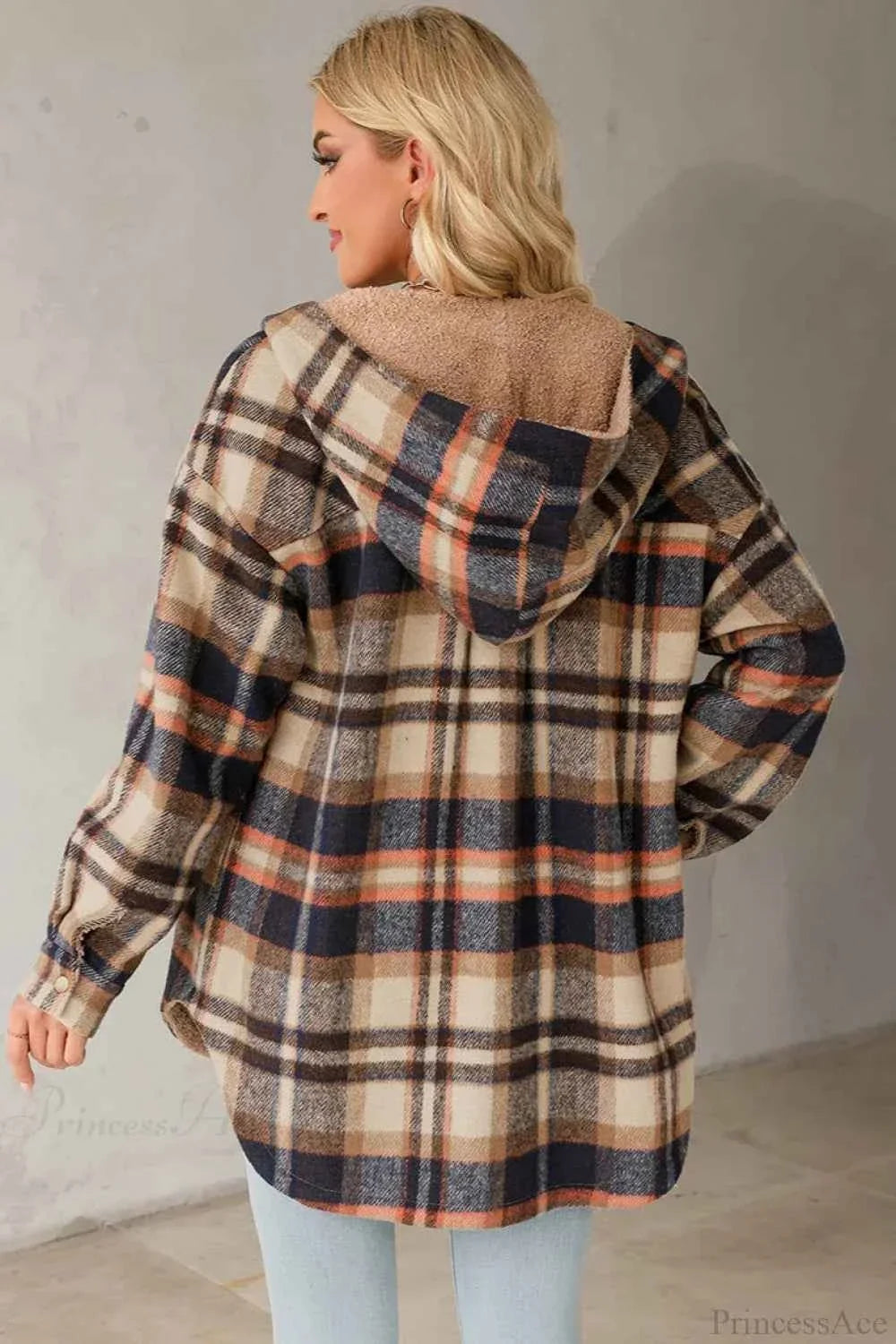 Checked Fleece Hooded Coat with Buttons and Long Sleeves