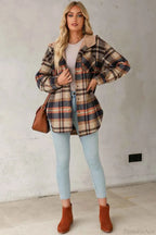 Checked Fleece Hooded Coat with Buttons and Long Sleeves