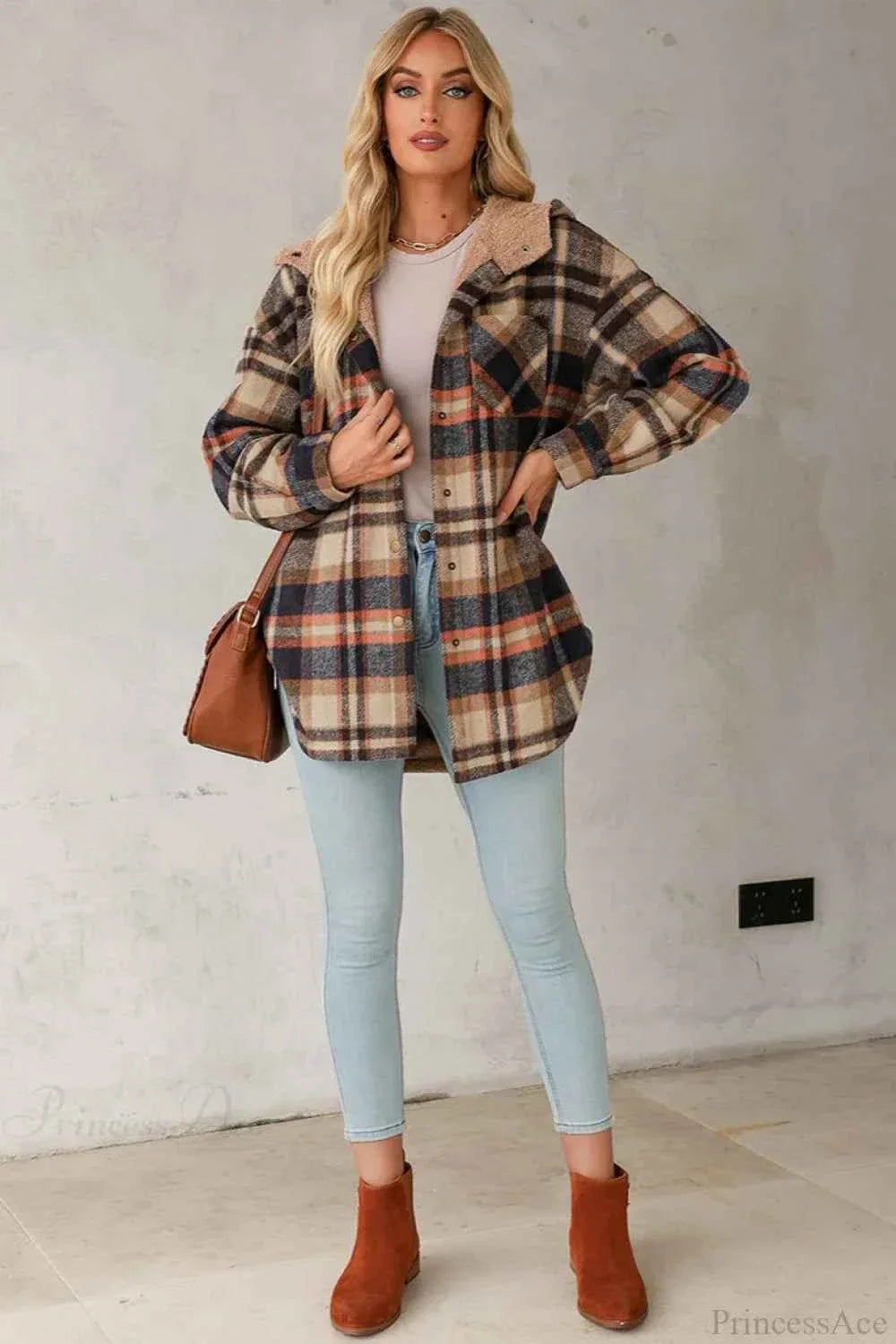 Checked Fleece Hooded Coat with Buttons and Long Sleeves