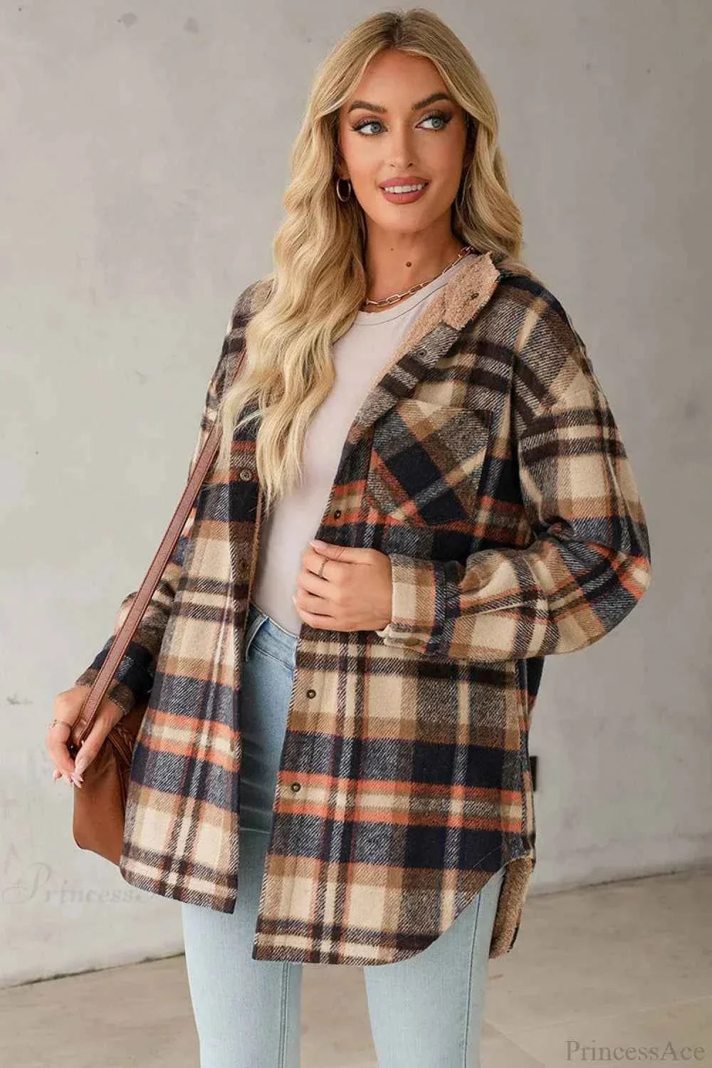Checked Fleece Hooded Coat with Buttons and Long Sleeves