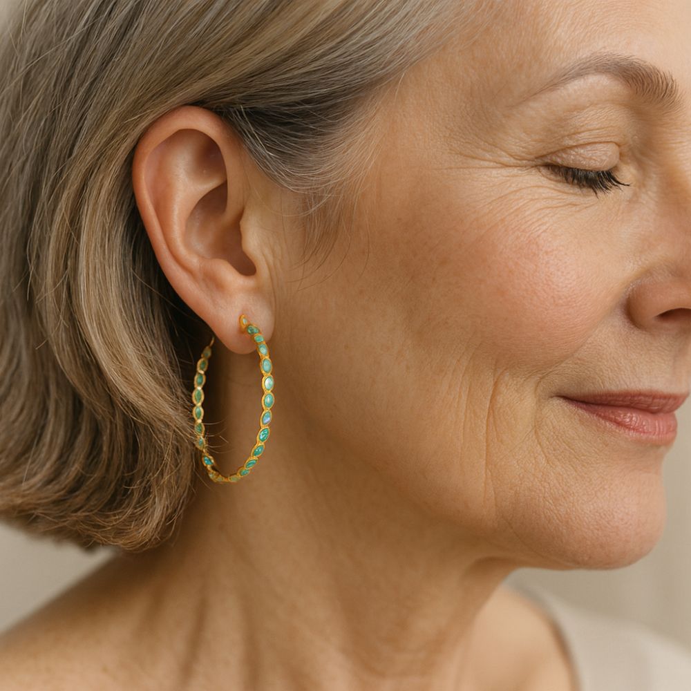Vintage-Style Blue Opal-Look Gold-Tone Hoop Earrings