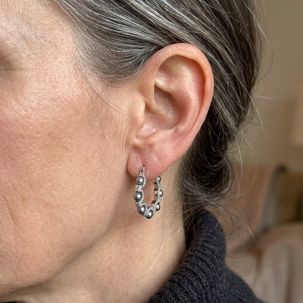 Vintage-Inspired Silver-Tone Stone Hoop Earrings
