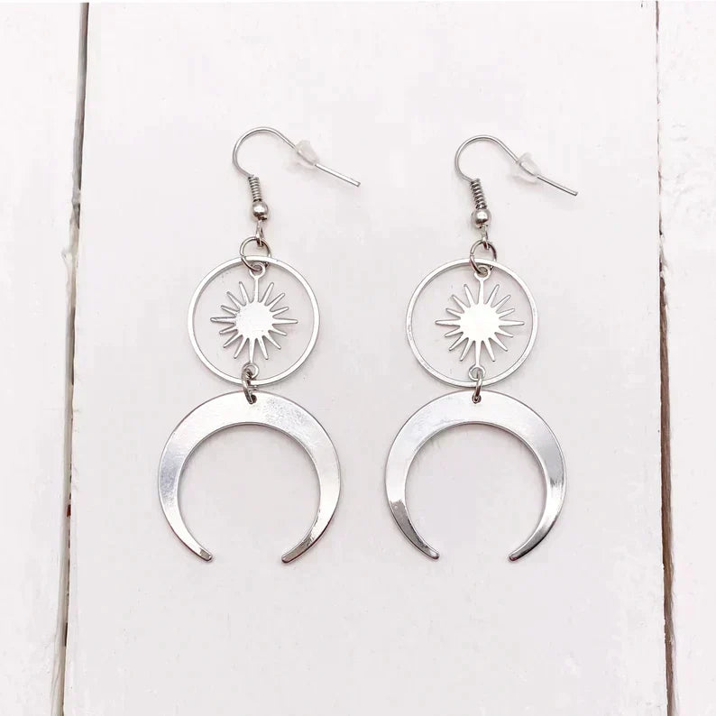 Stainless Steel Crescent Moon and Sun Earrings
