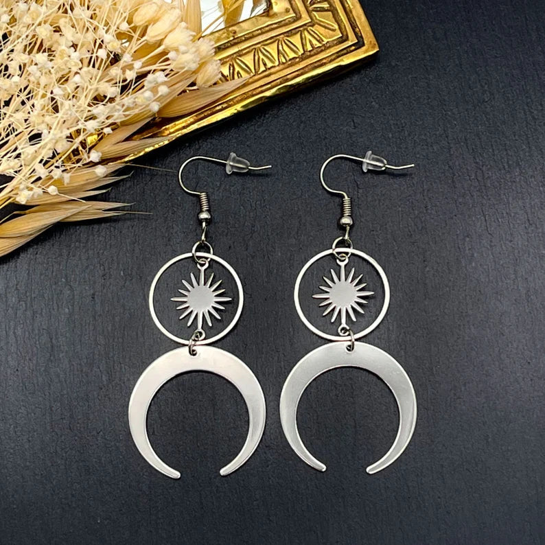 Stainless Steel Crescent Moon and Sun Earrings