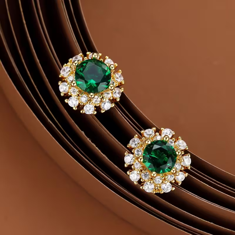 Round Green Stone Flower Halo Stud Earrings