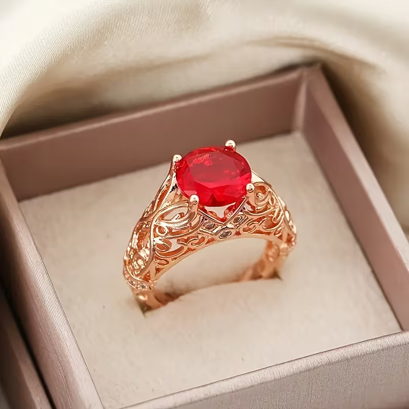 Antique-Style Filigree Ring with Red Crystal