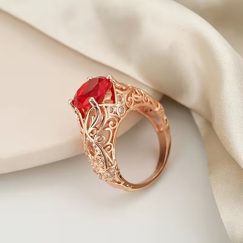 Antique-Style Filigree Ring with Red Crystal