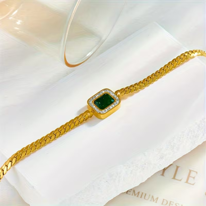 Gold-Tone Chain Bracelet with Green Framed Stone