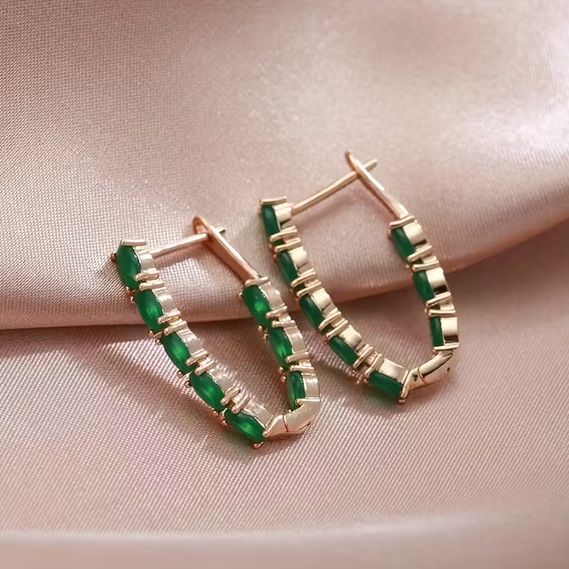 Green Stone Oval Hoop Earrings