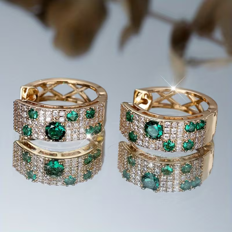 Emerald-Look Pavé Huggie Earrings with Two-Tone Band