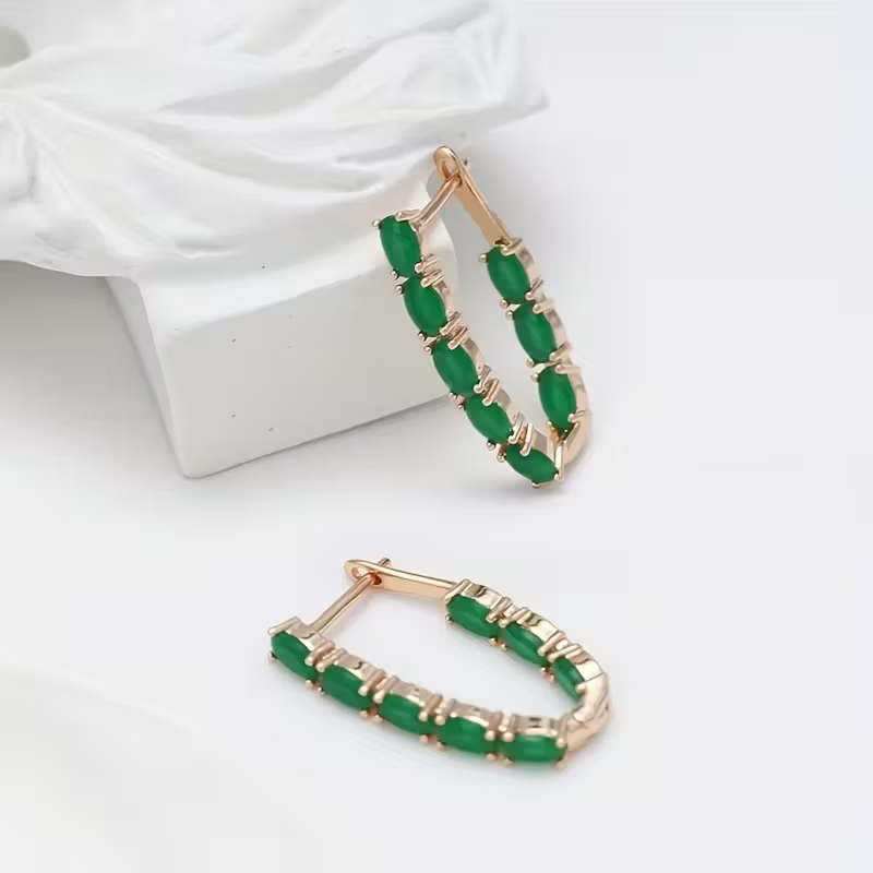 Green Stone Oval Hoop Earrings
