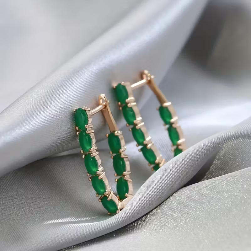 Green Stone Oval Hoop Earrings