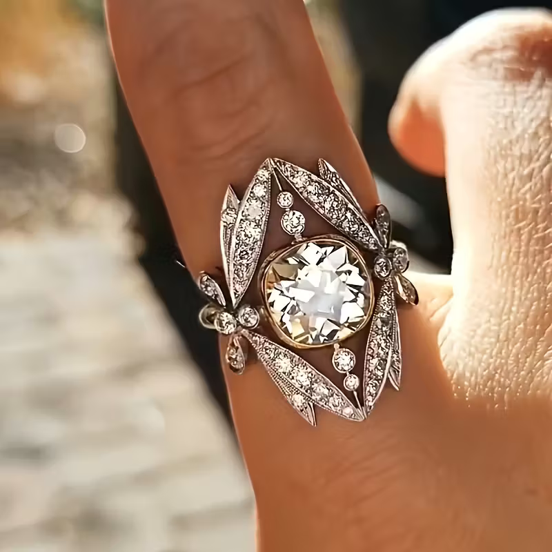 Silver-Tone Leaf Halo Ring