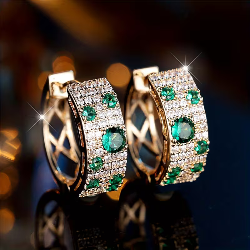 Emerald-Look Pavé Huggie Earrings with Two-Tone Band