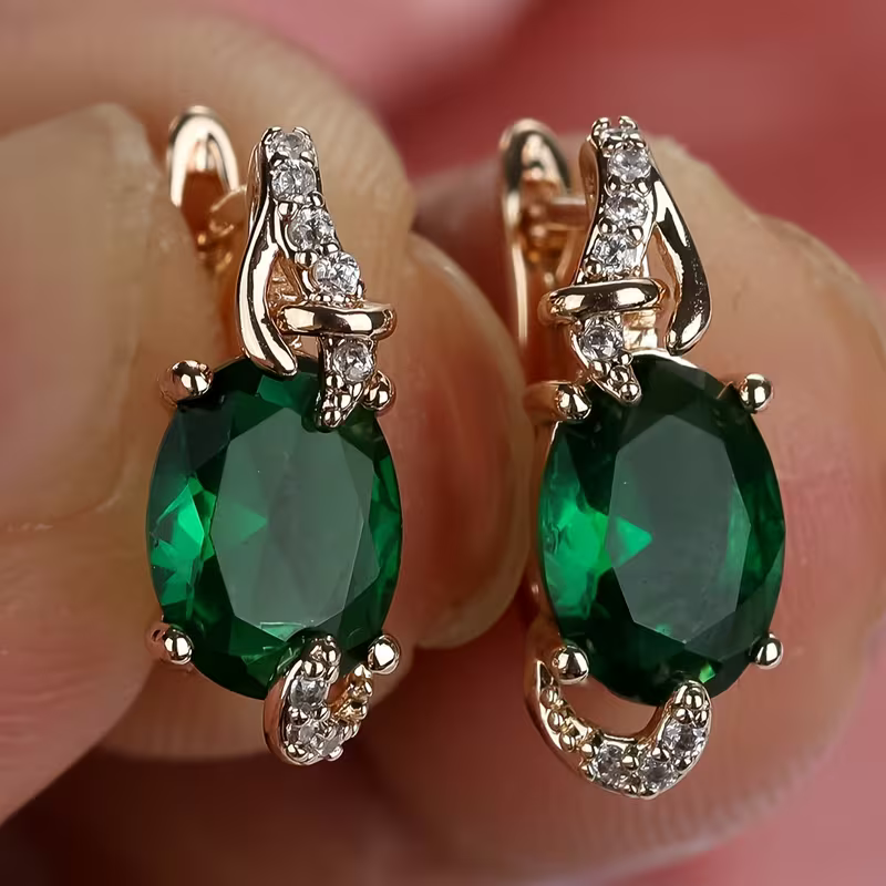 Oval Green Stone Halo Leverback Earrings