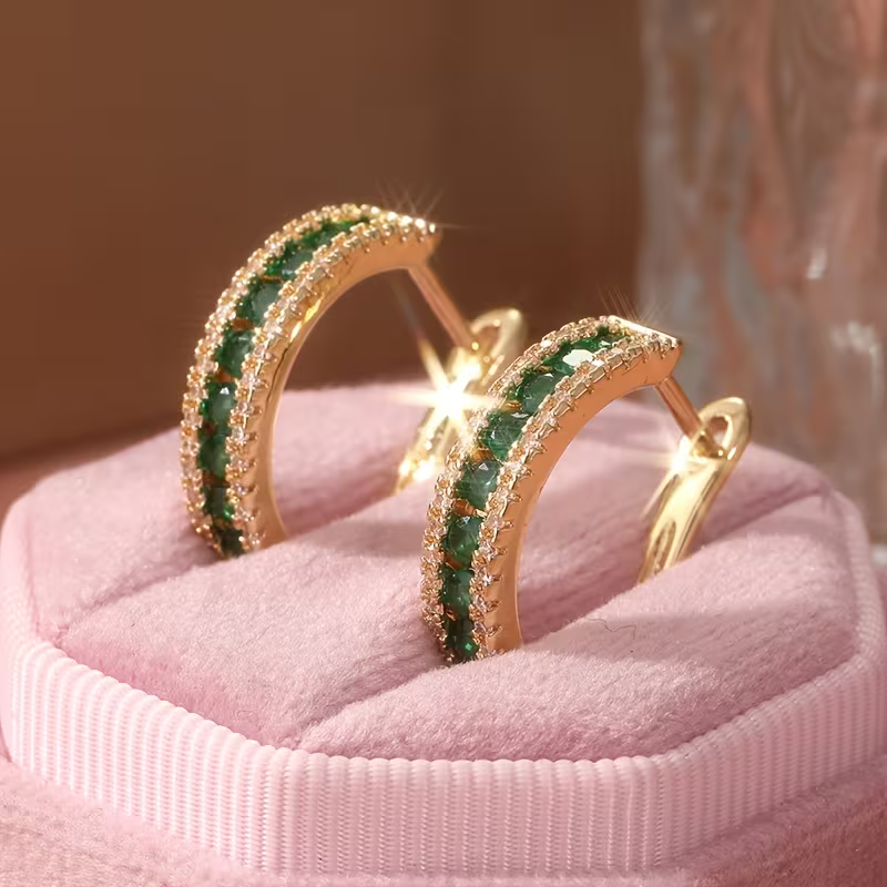 Emerald-Look Channel-Set Hoop Earrings