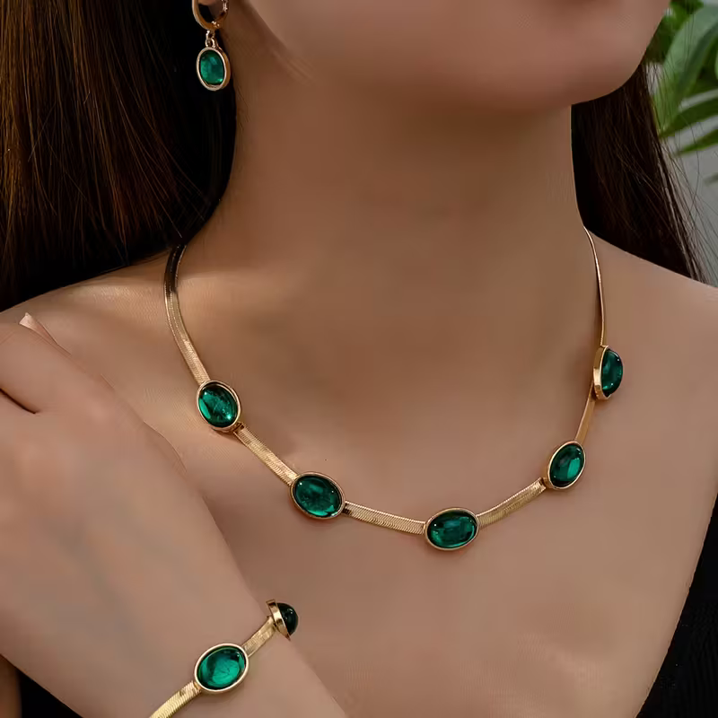 Green Stone Station Necklace, Bracelet and Earrings Set