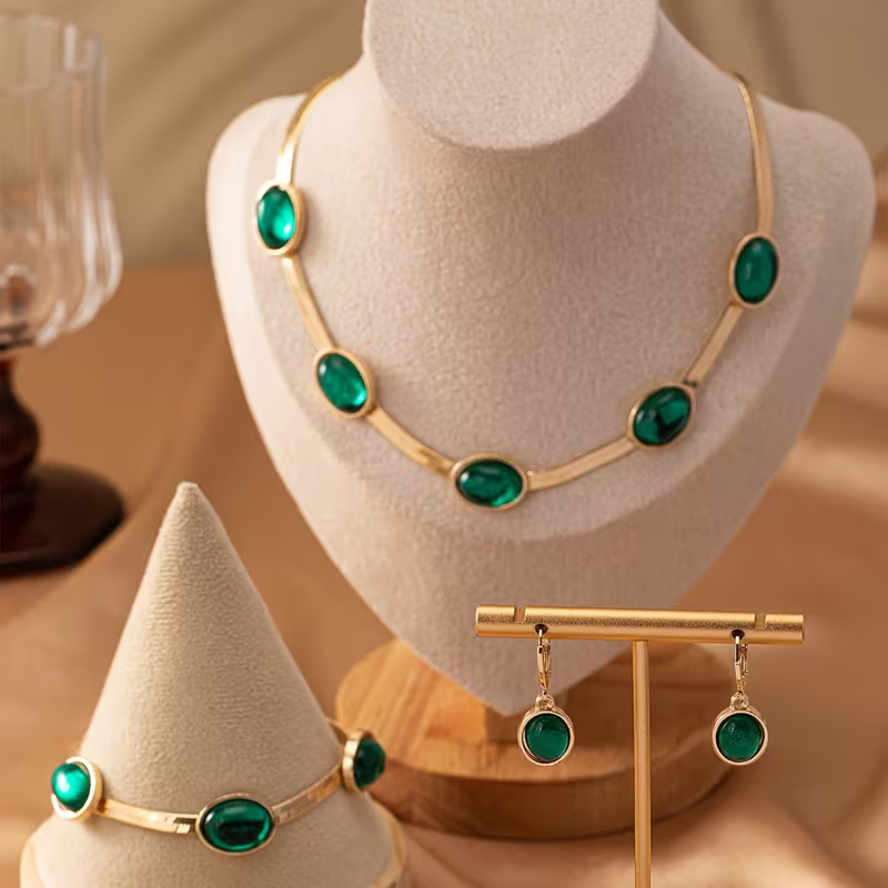 Green Stone Station Necklace, Bracelet and Earrings Set