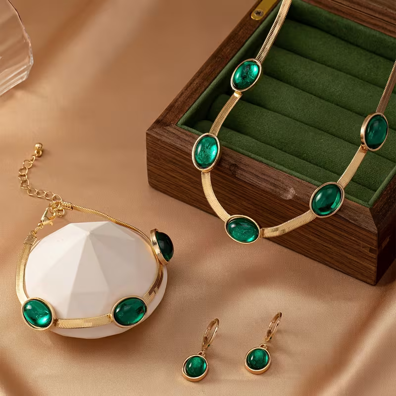 Green Stone Station Necklace, Bracelet and Earrings Set