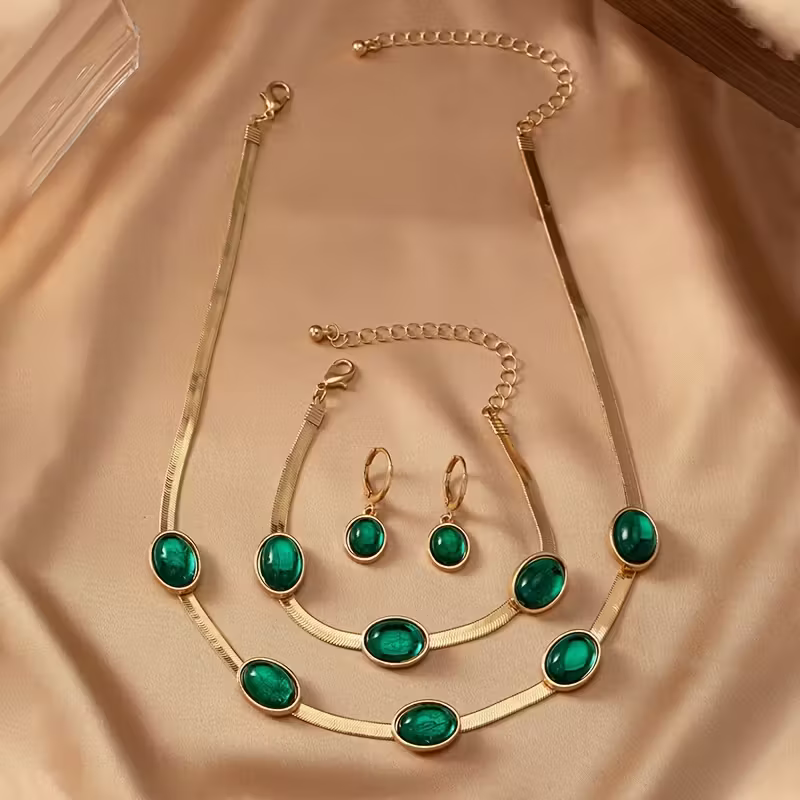 Green Stone Station Necklace, Bracelet and Earrings Set