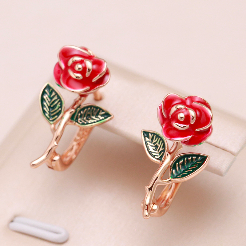 Hand-Painted Rose Earrings in Gold Tone