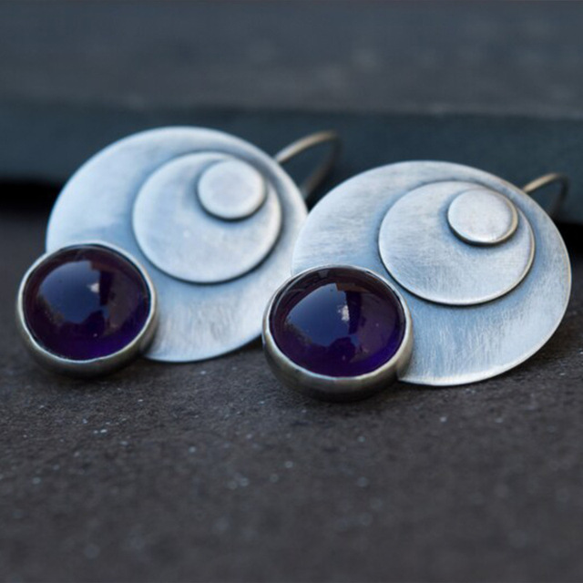 Double Silver-Plated Earrings with Purple Stone