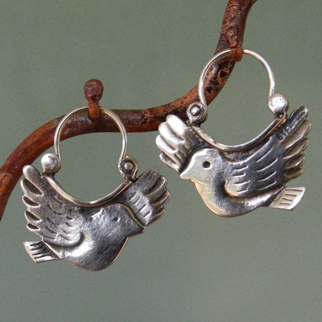 Vintage-Style Bird Earrings in Silver Tone