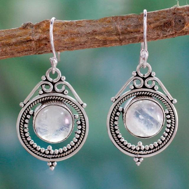 Silver-Tone Round Moonstone Filigree Drop Earrings
