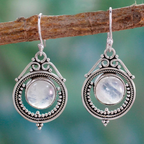 Silver-Tone Round Moonstone Filigree Drop Earrings