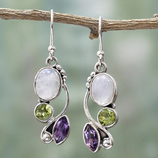 Vintage-Style Moonstone and Amethyst-Look Vine Earrings