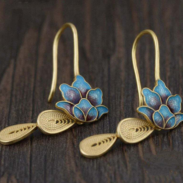 Blue Lotus Boho Earrings in Gold Tone