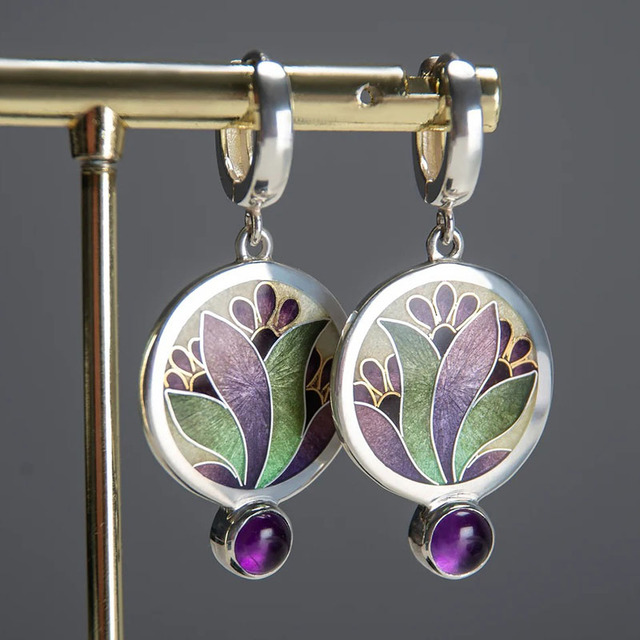 Boho oorbellen met paars kristal van sterling zilver