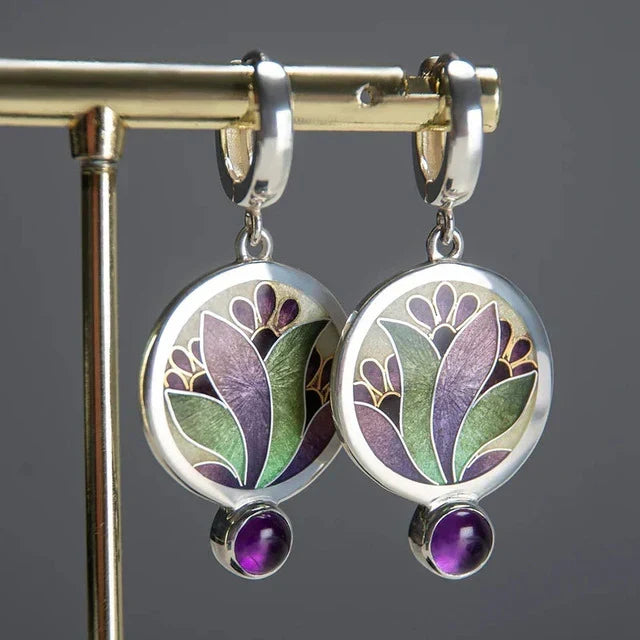 Vintage Boho Purple Crystal Earrings in White Gold Tone