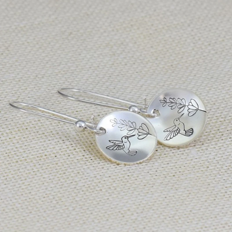 Vintage-Style Silver-Tone Bird Disc Hook Earrings