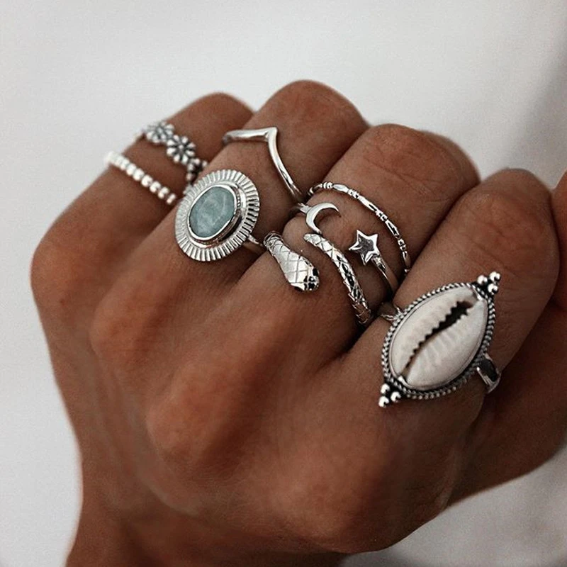 Boho zilverkleurige ringenbundel met steen- en maanontwerpen