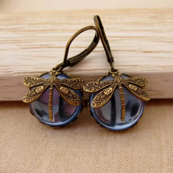 Vintage-Style Crystal Dragonfly Earrings in Antique Gold Tone