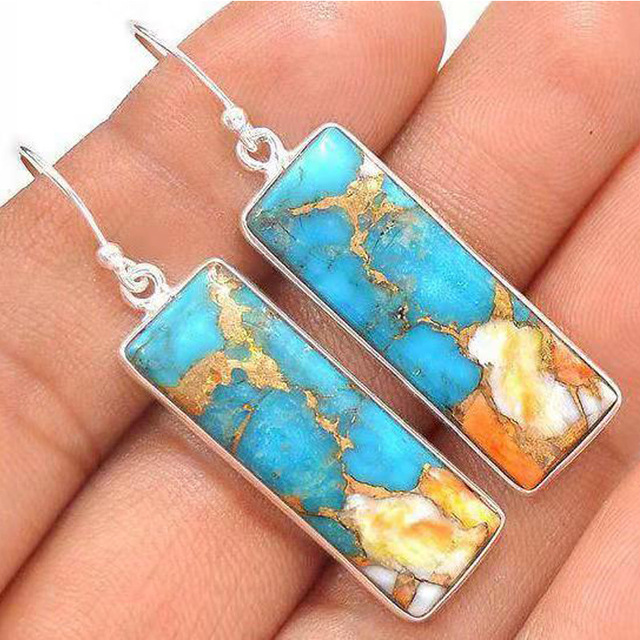 Vintage rechthoekige oorbellen met turquoise en kopersteen