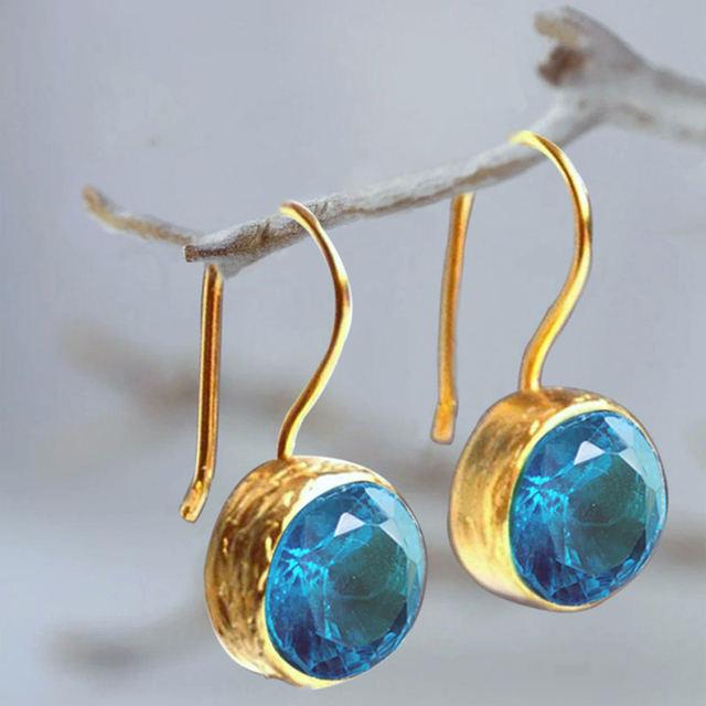 Vintage-Style Round Blue Crystal Hook Earrings in Gold Tone