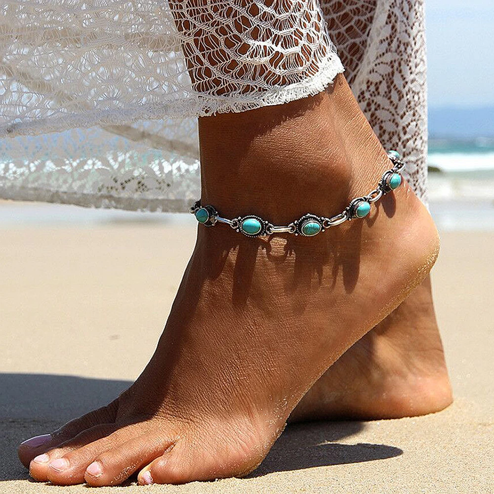 Vintage-Style Blue Stone Ankle Bracelet