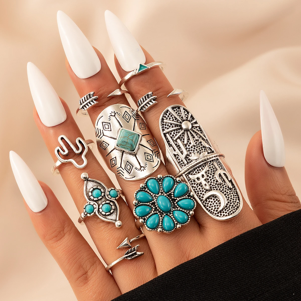 Vintage-Style Turquoise Silver-Tone Ring Pack